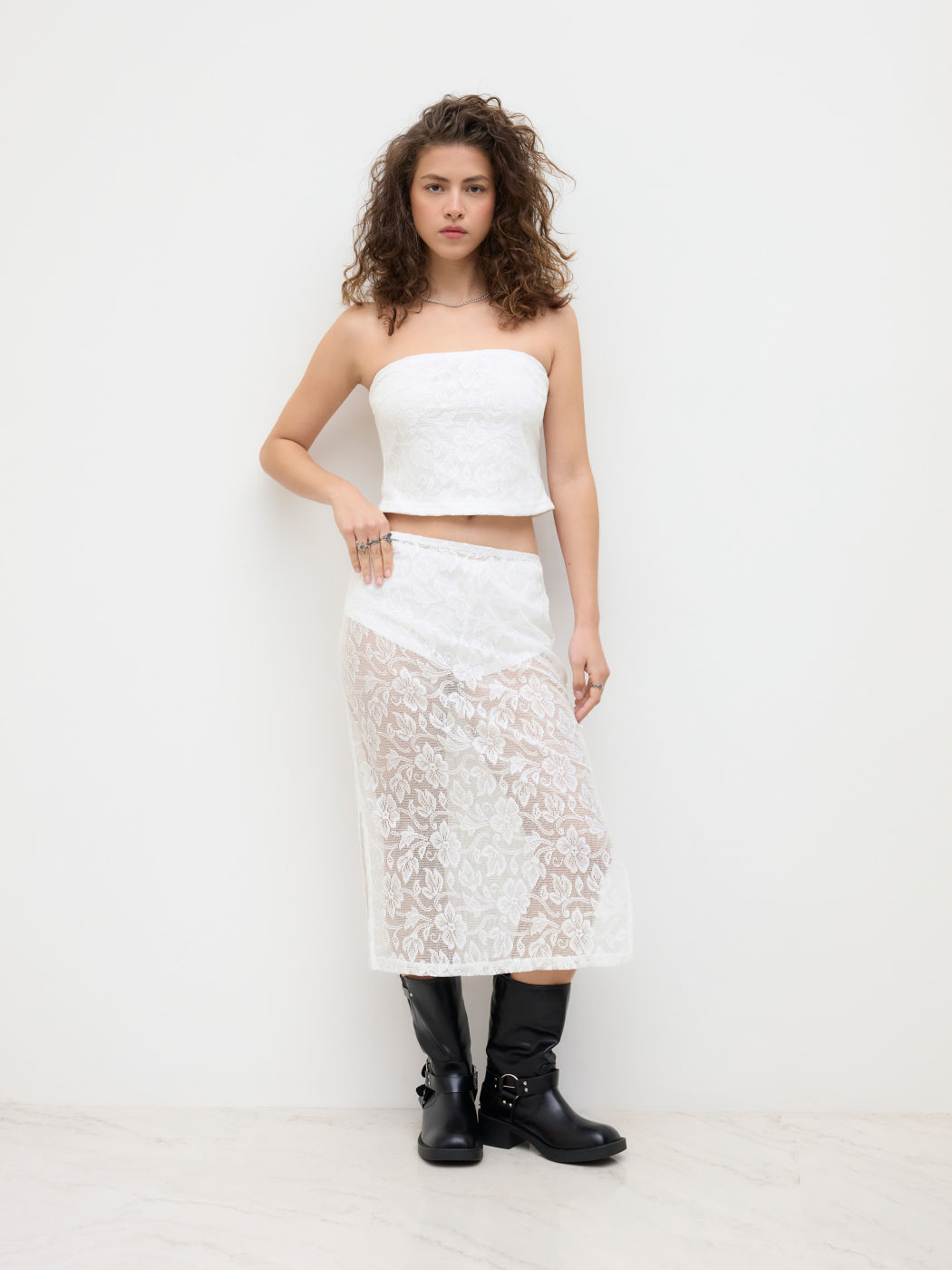 Lace Floral Bandeau Top & Lace Low Rise Split Skirt Set