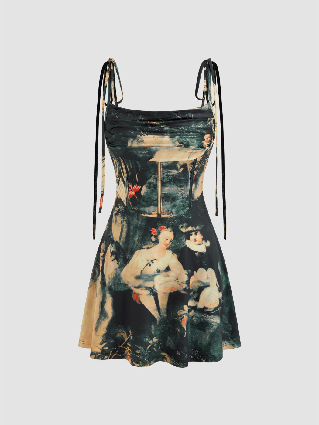 Vestido Mini de Jersey con Cuello Cuadrado y Estampa de Pintura al Óleo y Nudo