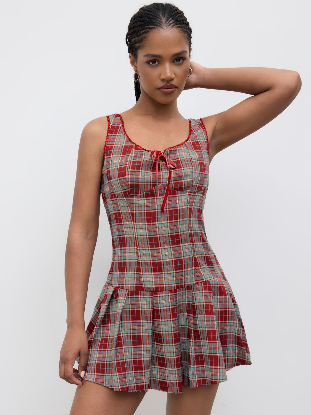 Square Neck Check Bowknot Pleated Mini Dress