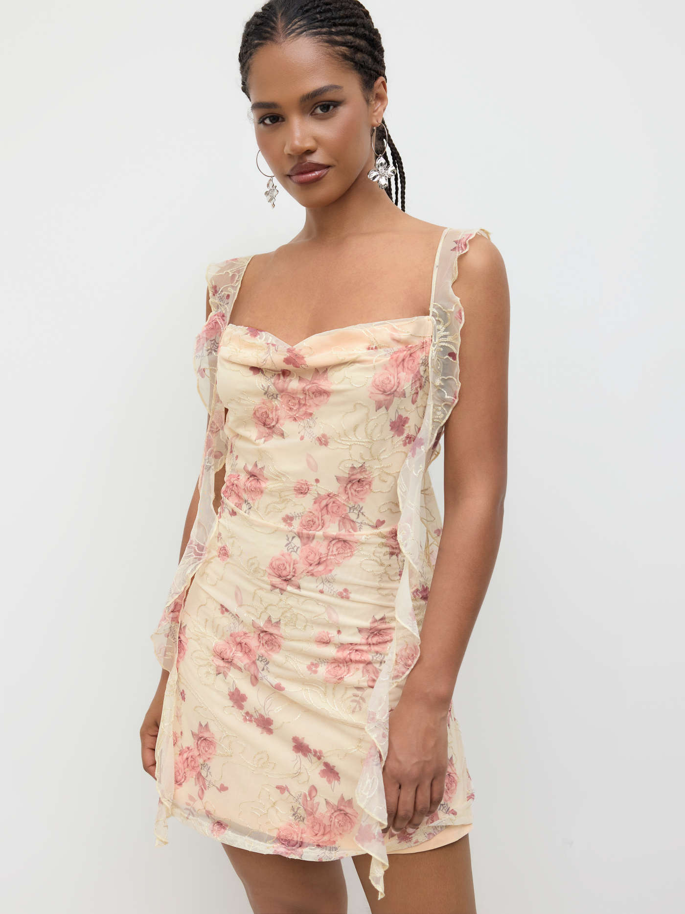 Cowl Neck Floral Ruffle Hem Mini Dress