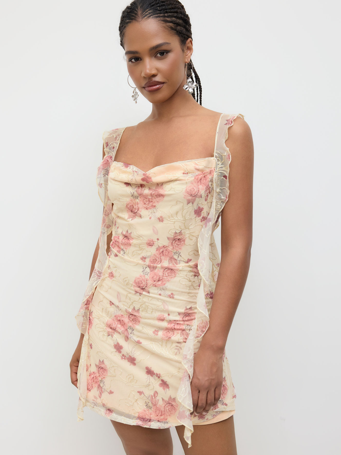 Cowl Neck Floral Ruffle Hem Mini Dress
