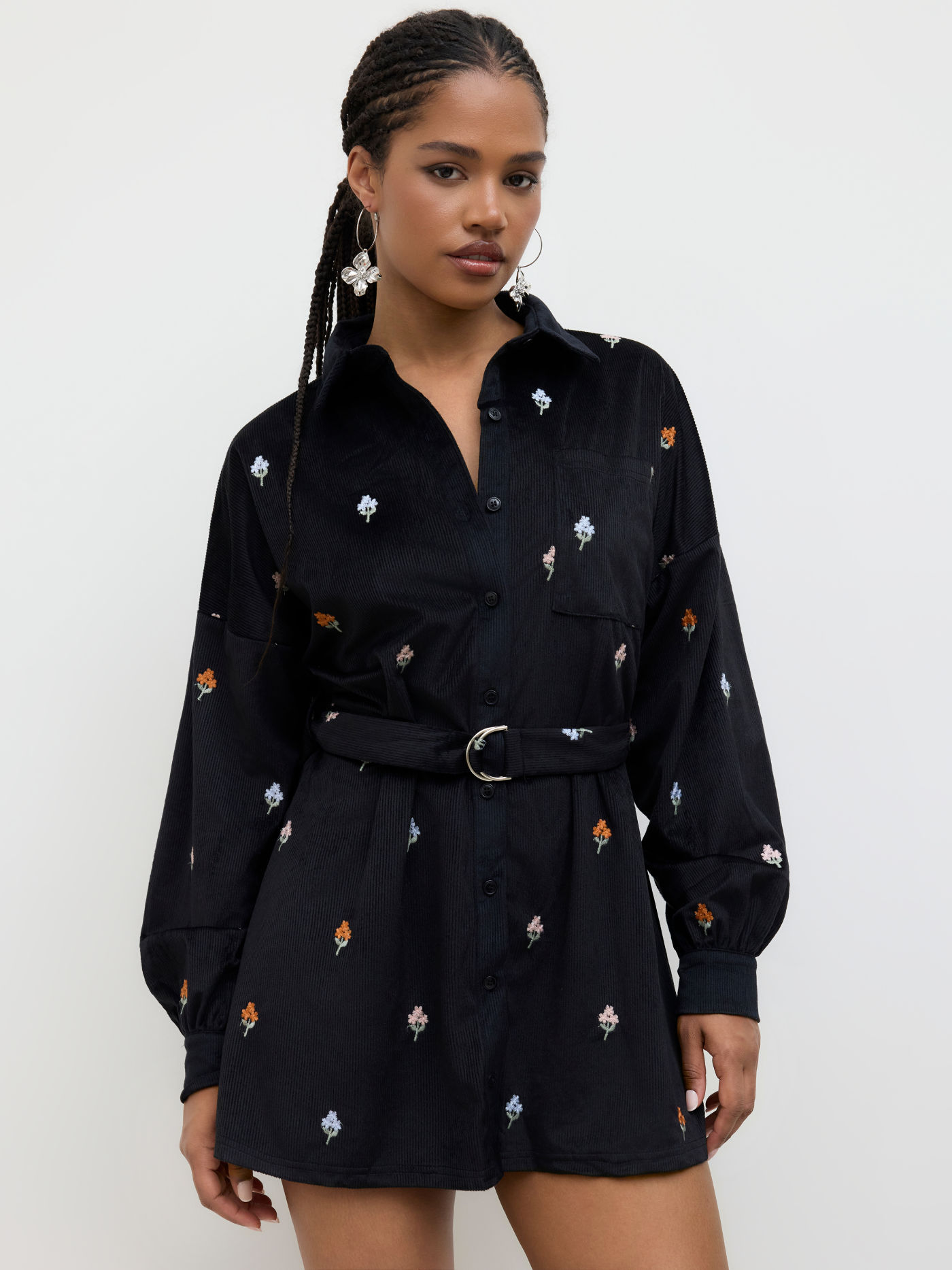Corduroy Shirt Floral Embroidery Belted Mini Dress