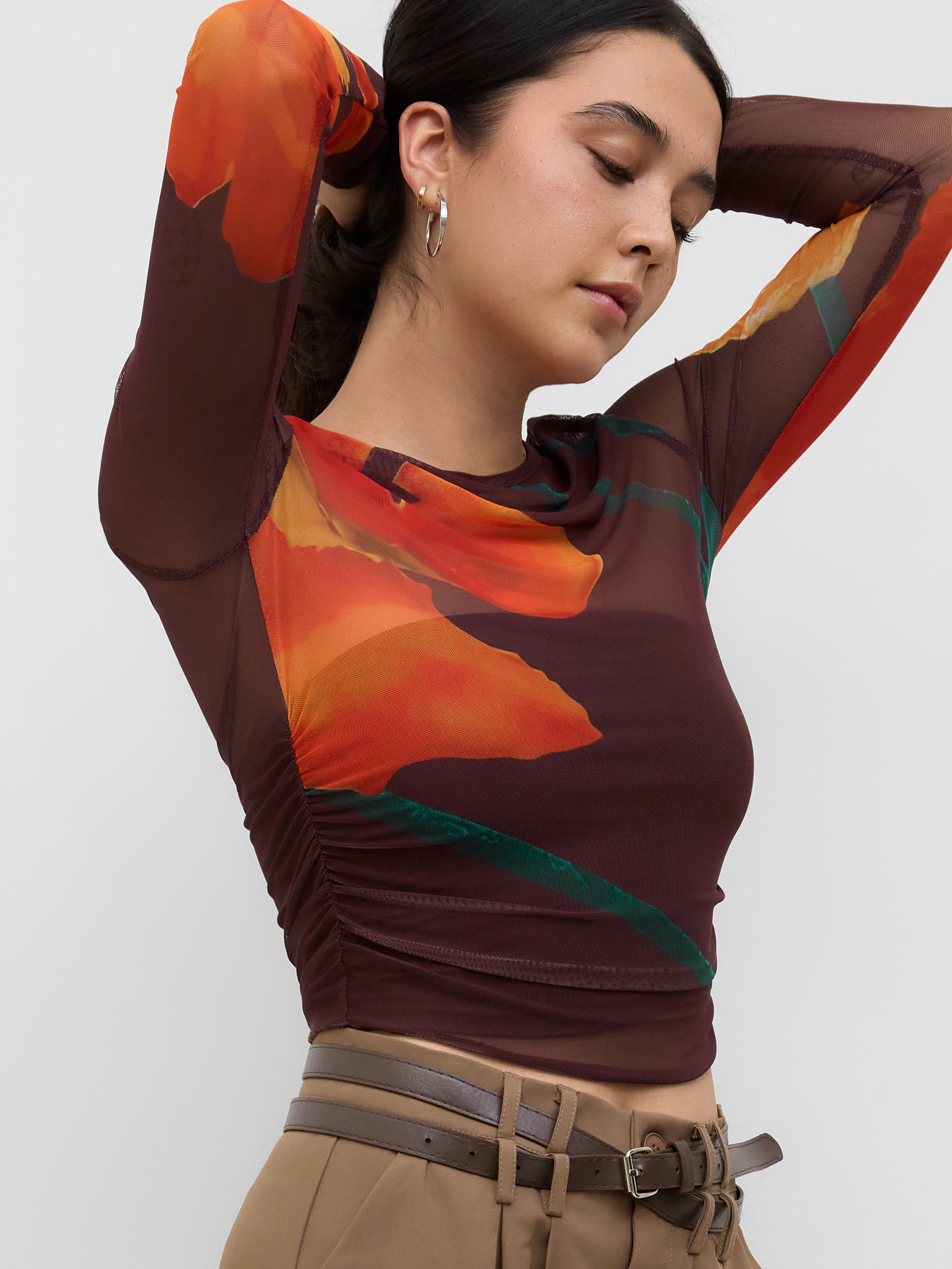 Mesh Round Neckline Floral Top With Solid Crop Tube Top
