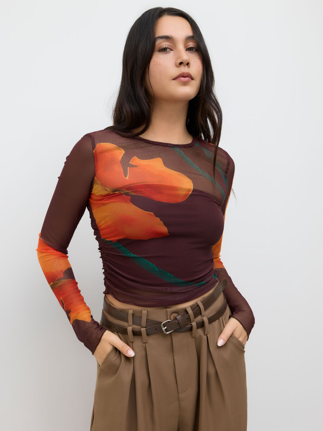 Mesh Round Neckline Floral Top With Solid Crop Tube Top