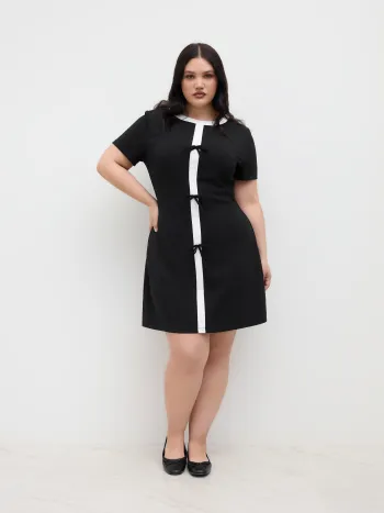 Boat Neckline Solid Bowknot Wrap Mini Dress Curve & Plus