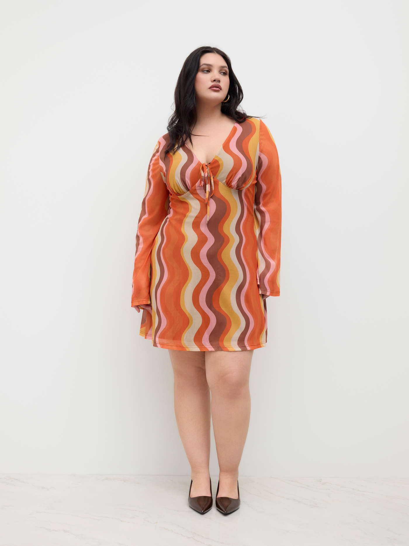 Mesh V-neck Abstract Wave Knotted Mini Dress Curve & Plus