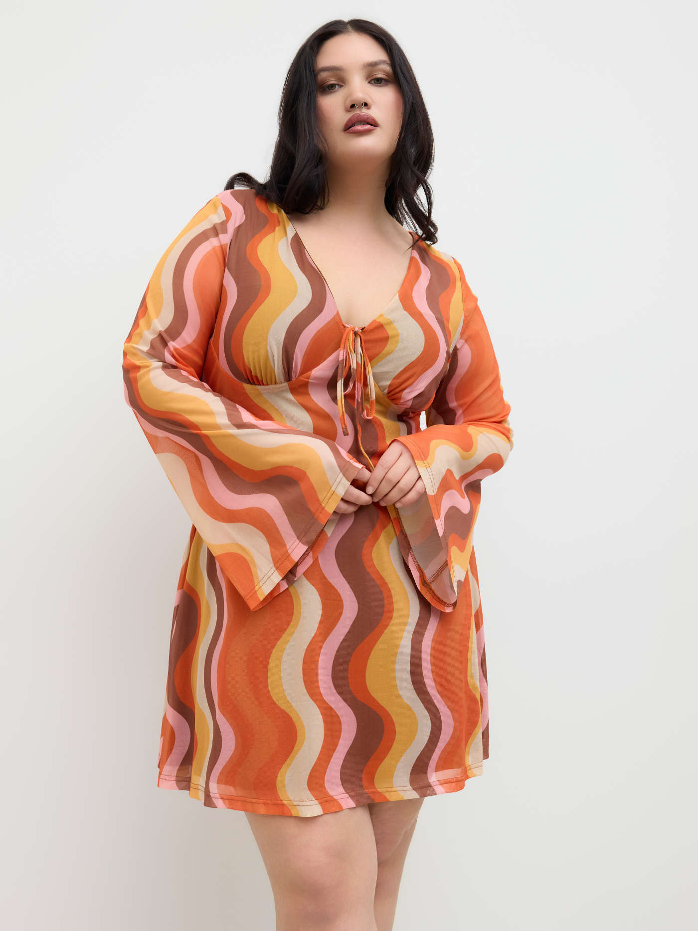 Mesh V-neck Abstract Wave Knotted Mini Dress Curve & Plus