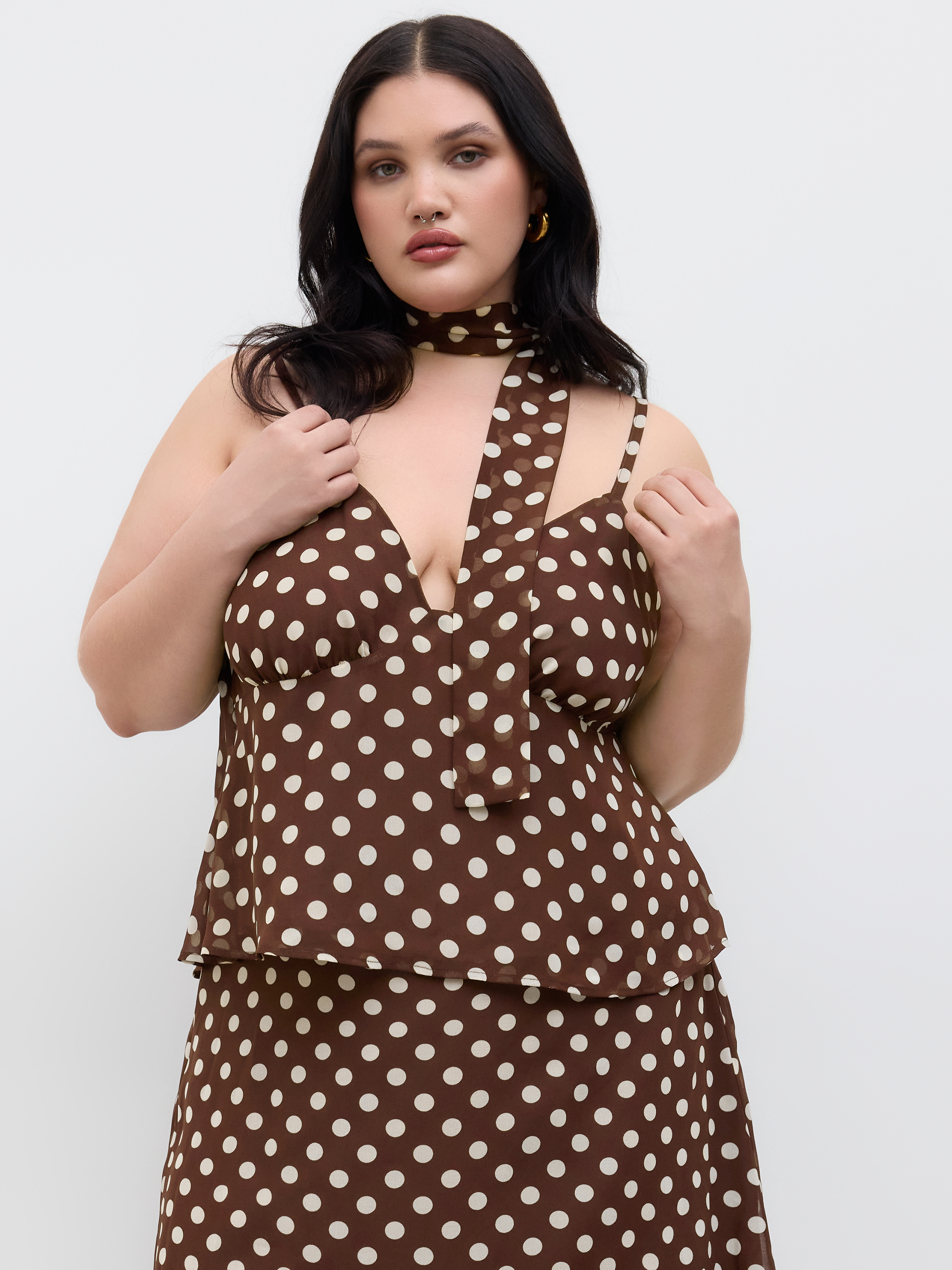 Chiffon V-neck Polka Dot Cami Top With Scarf Curve & Plus