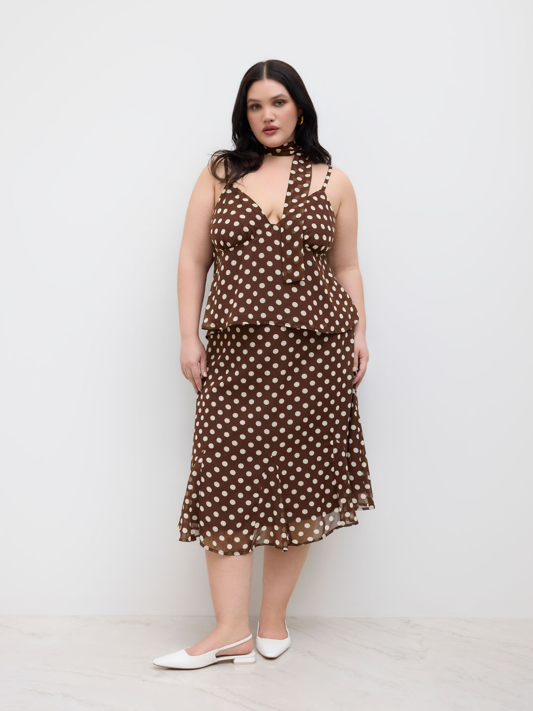 Chiffon V-Hals-Polka-Dot-Cami-Oberteil mit Schal Kurve & Plus