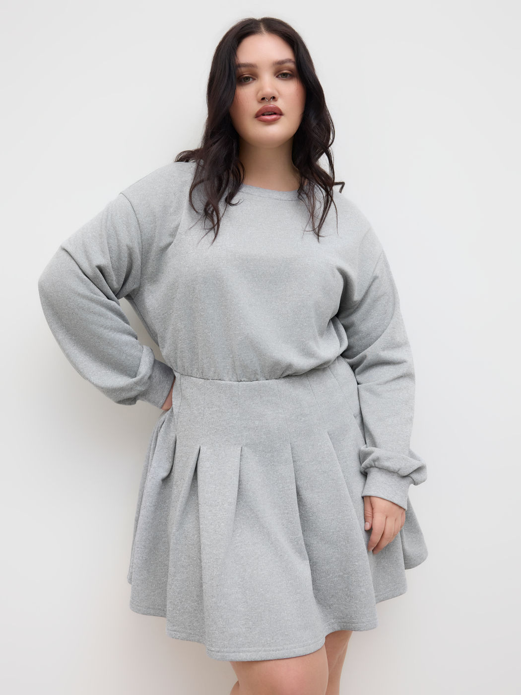 Terry Round Neckline Pleated Mini Dress Curve & Plus
