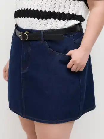 Denim Mid Rise Pocket Mini Skirt With Belt Curve & Plus