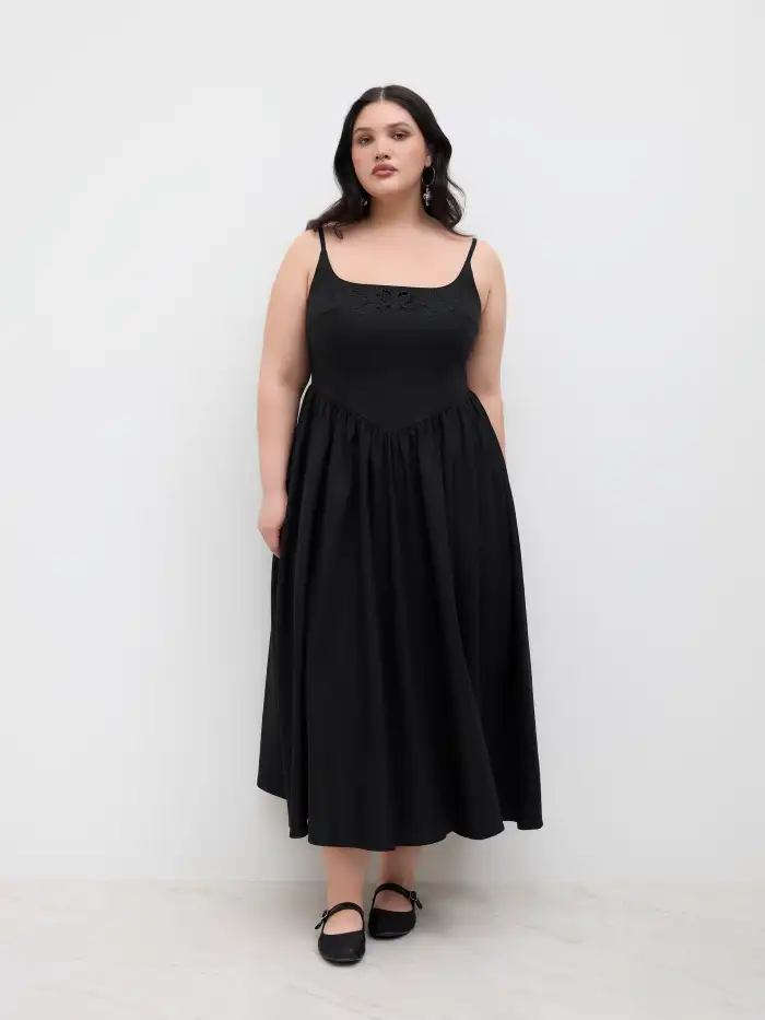 Woven Linen-blend Square Neck Broderie Anglaise Ruffle Maxi Dress Curve &  Plus For Date