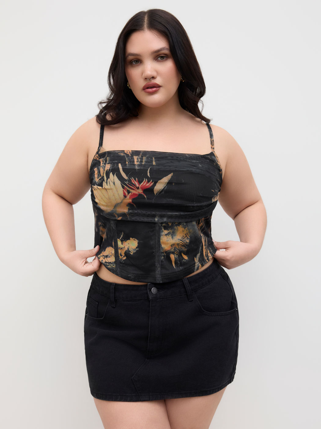 Maschen-grafik-ruched Korsett Crop Cami Oberteil Kurve & Plus