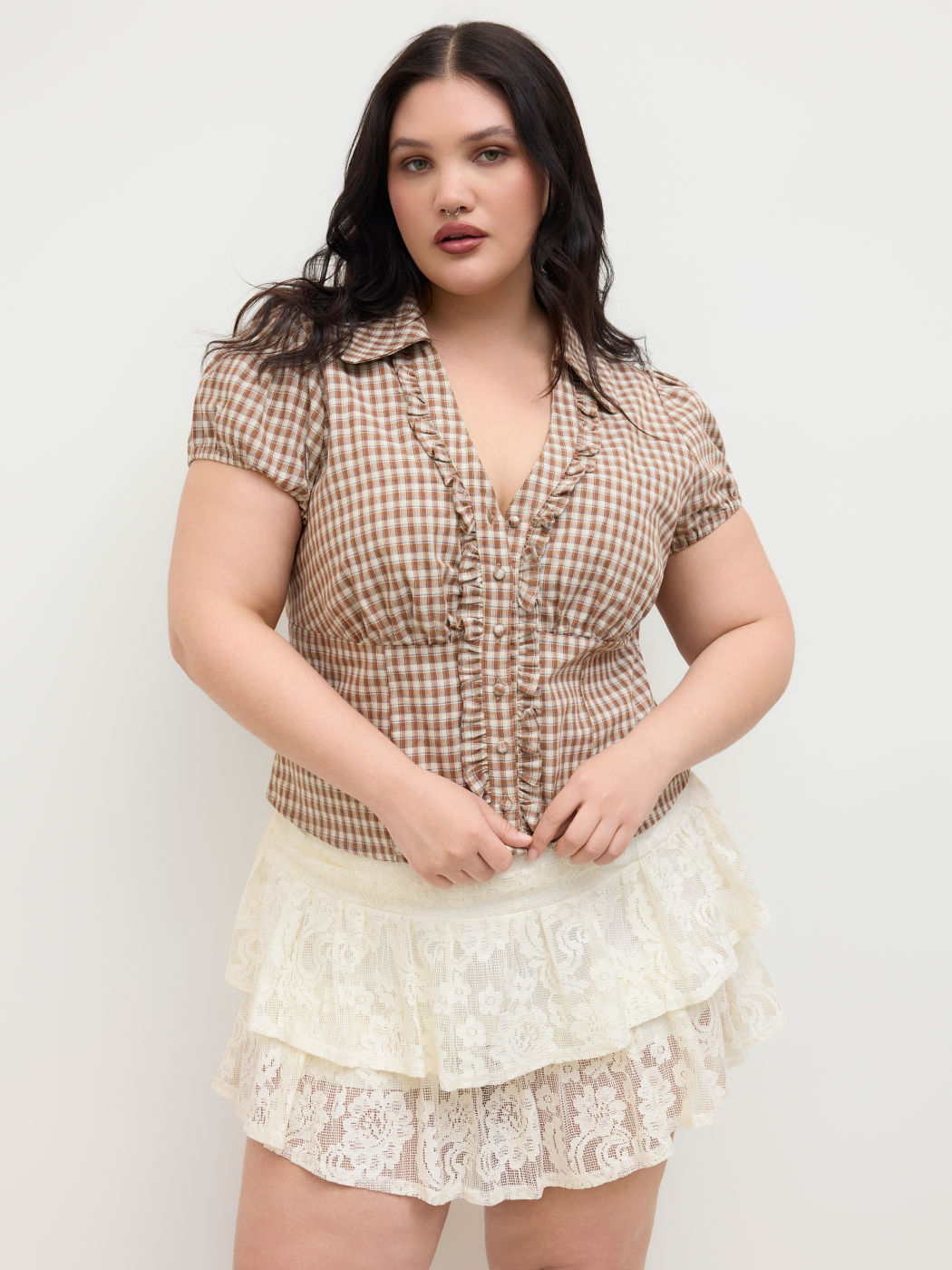 100% Cotton V-neck Check Short Sleeve Blouse Curve & Plus
