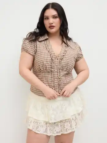 100% Cotton V-neck Check Short Sleeve Blouse Curve & Plus