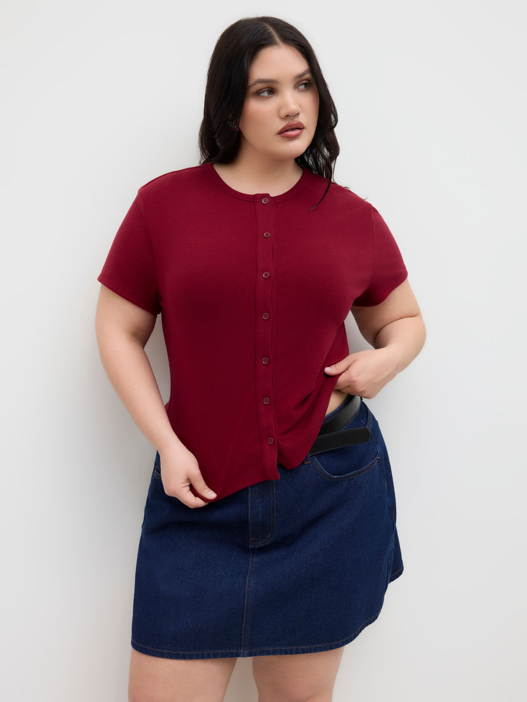 Round Neckline Button Up Short Sleeve Top Curve & Plus