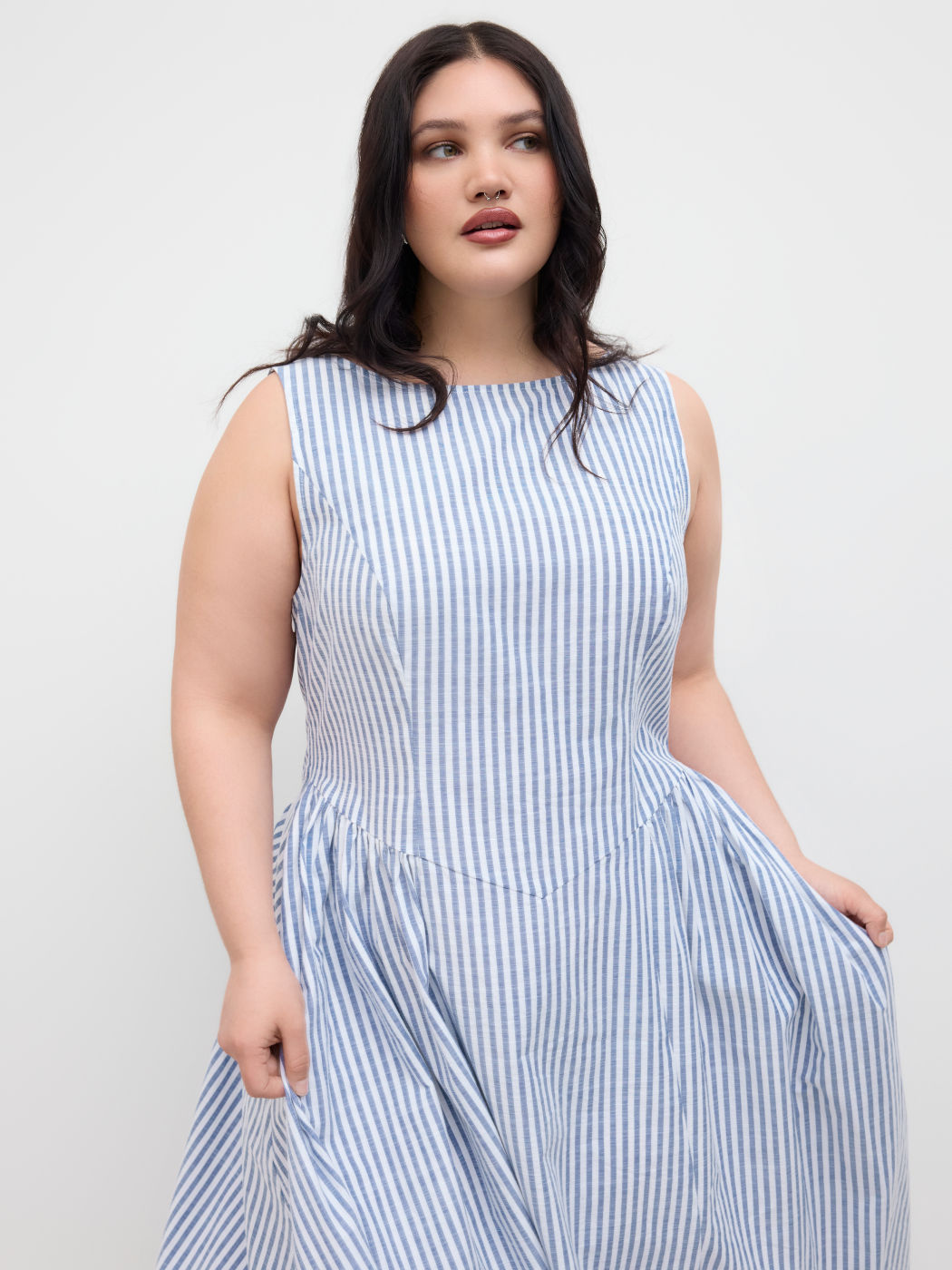 Baumwollmischung Bootshals Streifen Rüschen Maxikleid Kurve & Plus