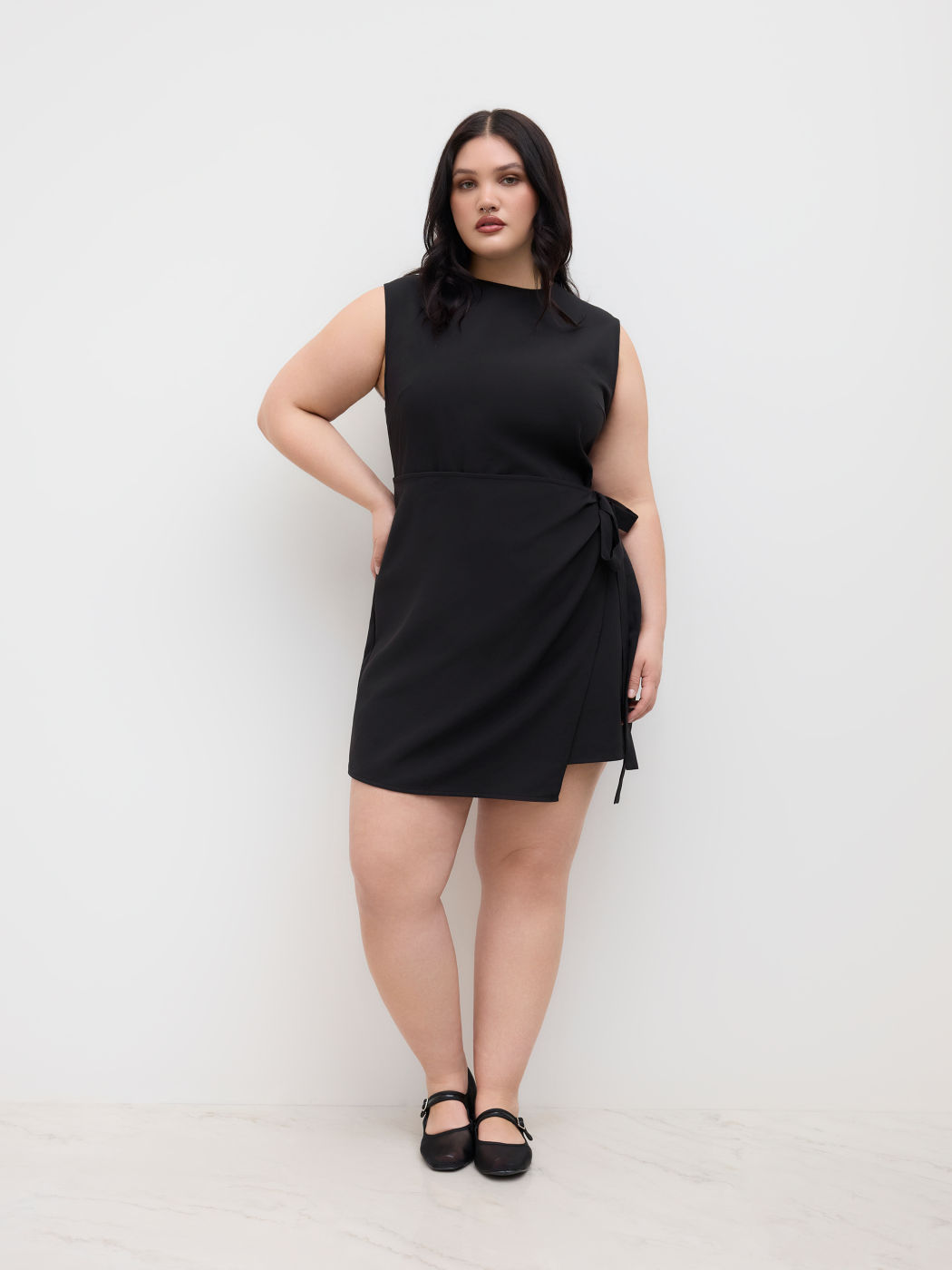 Round Neckline Knotted Wrap Mini Dress Curve & Plus