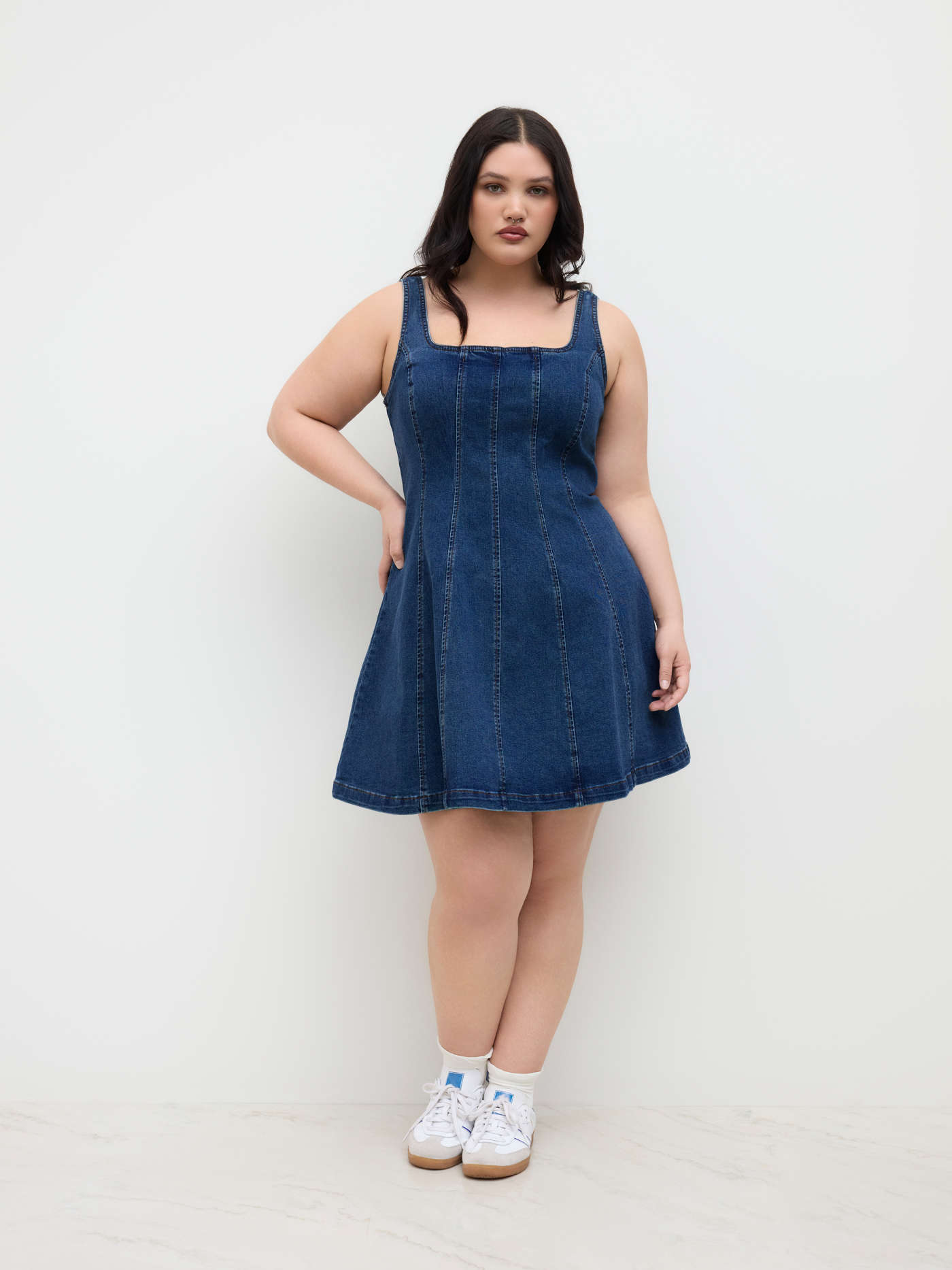 Stretch Denim Square Neck Zipper Dress Curve & Plus