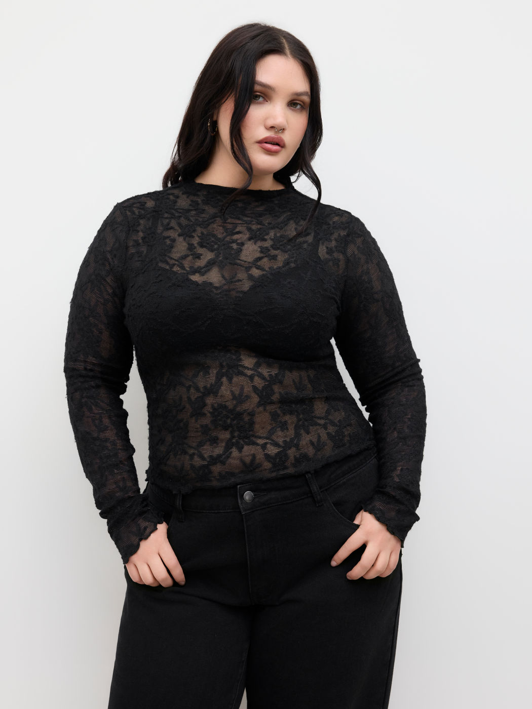 Lace Stand Collar Lettuce Trim Top Curve & Plus