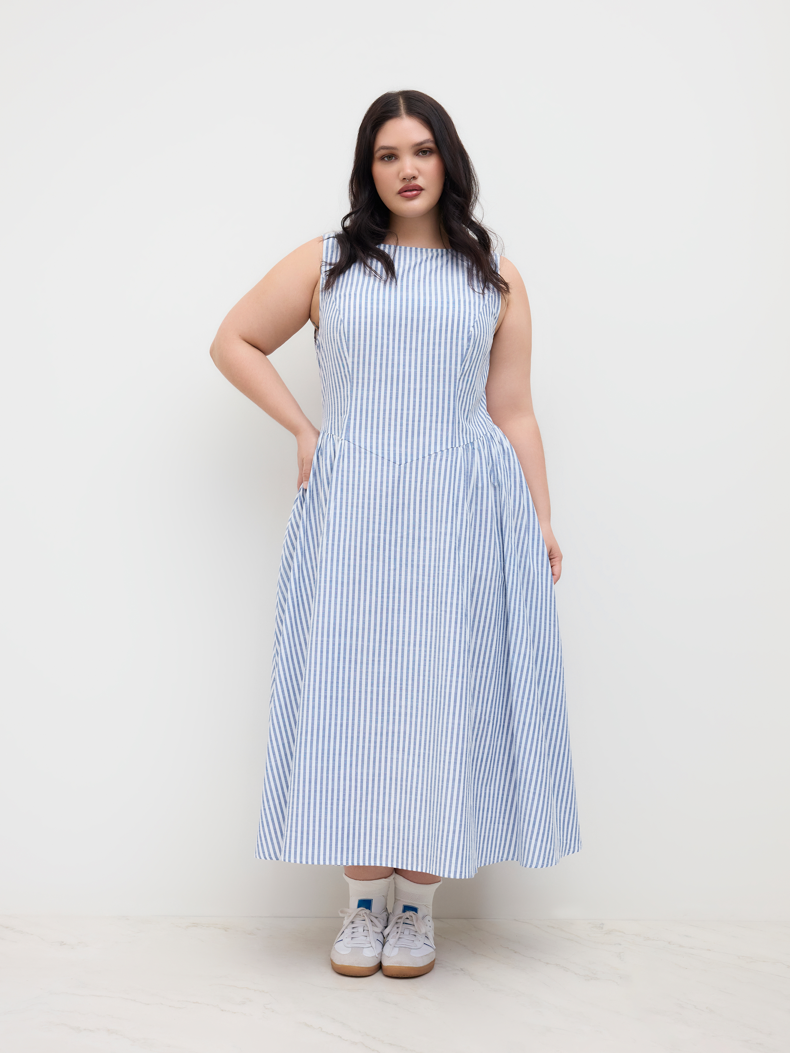 Cotton-blend Boat Neck Stripe Ruffle Maxi Dress Curve & Plus
