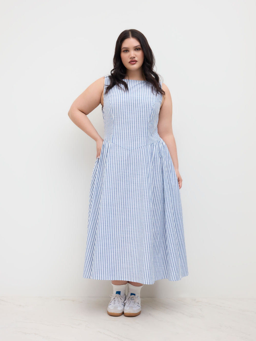 Baumwollmischung Bootshals Streifen Rüschen Maxikleid Kurve & Plus