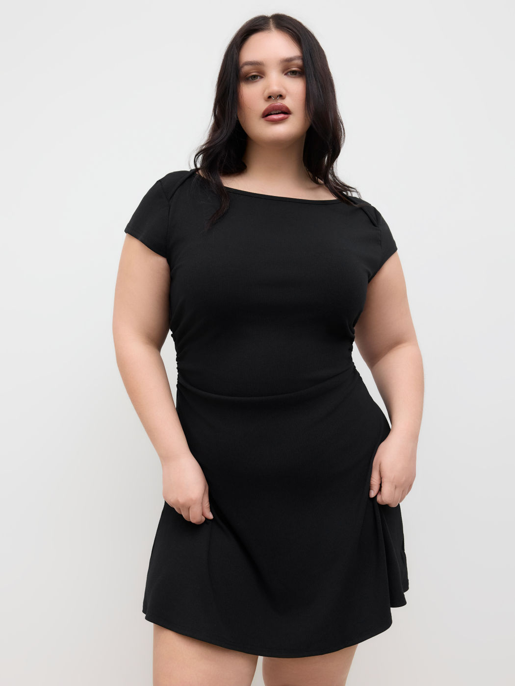 Cotton-blend Boat Neck Ruched Mini Dress Curve & Plus