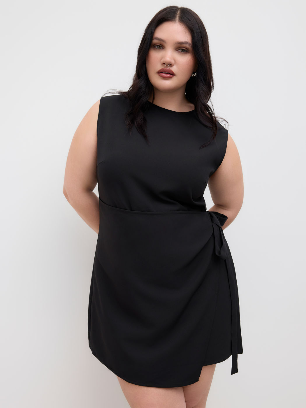 Round Neckline Knotted Wrap Mini Dress Curve & Plus