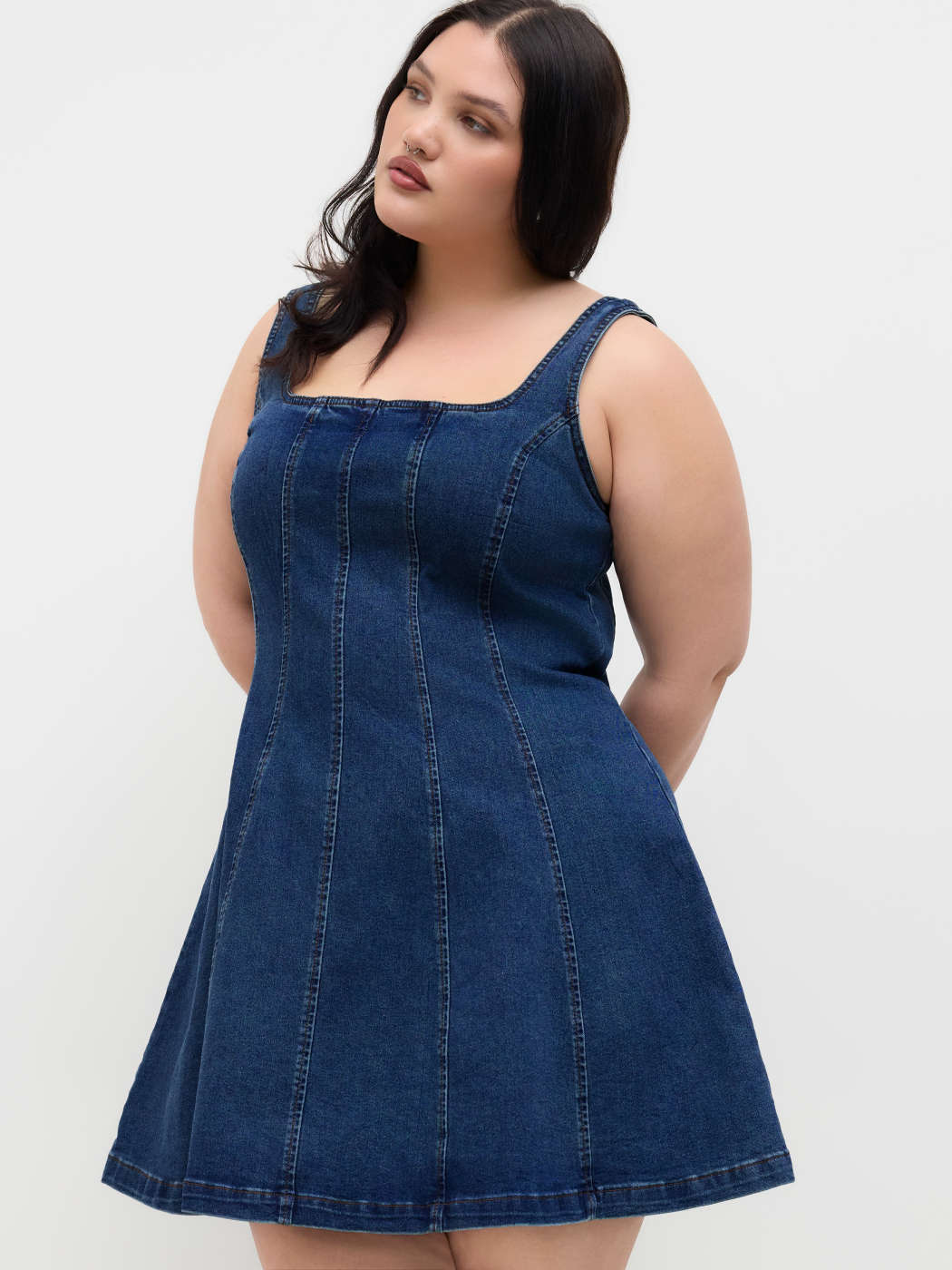Denim Stretch Denim Square Neck Zipper Dress Curve & Plus For School