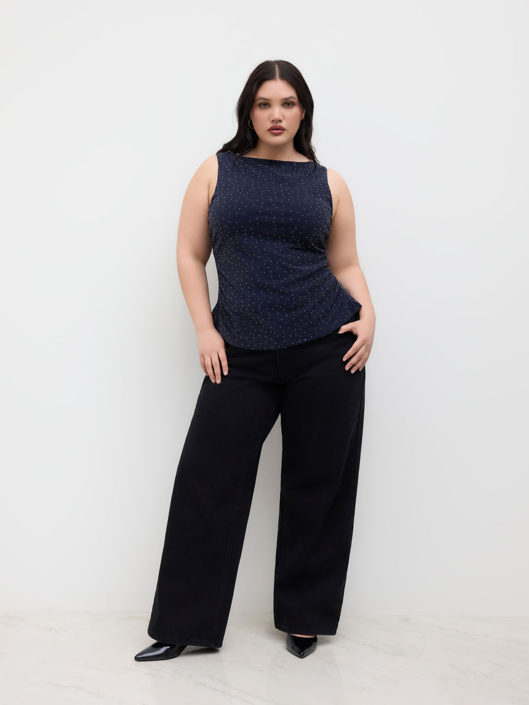Boat Neck Rhinestone Knotted Tank Top Curve & Plus