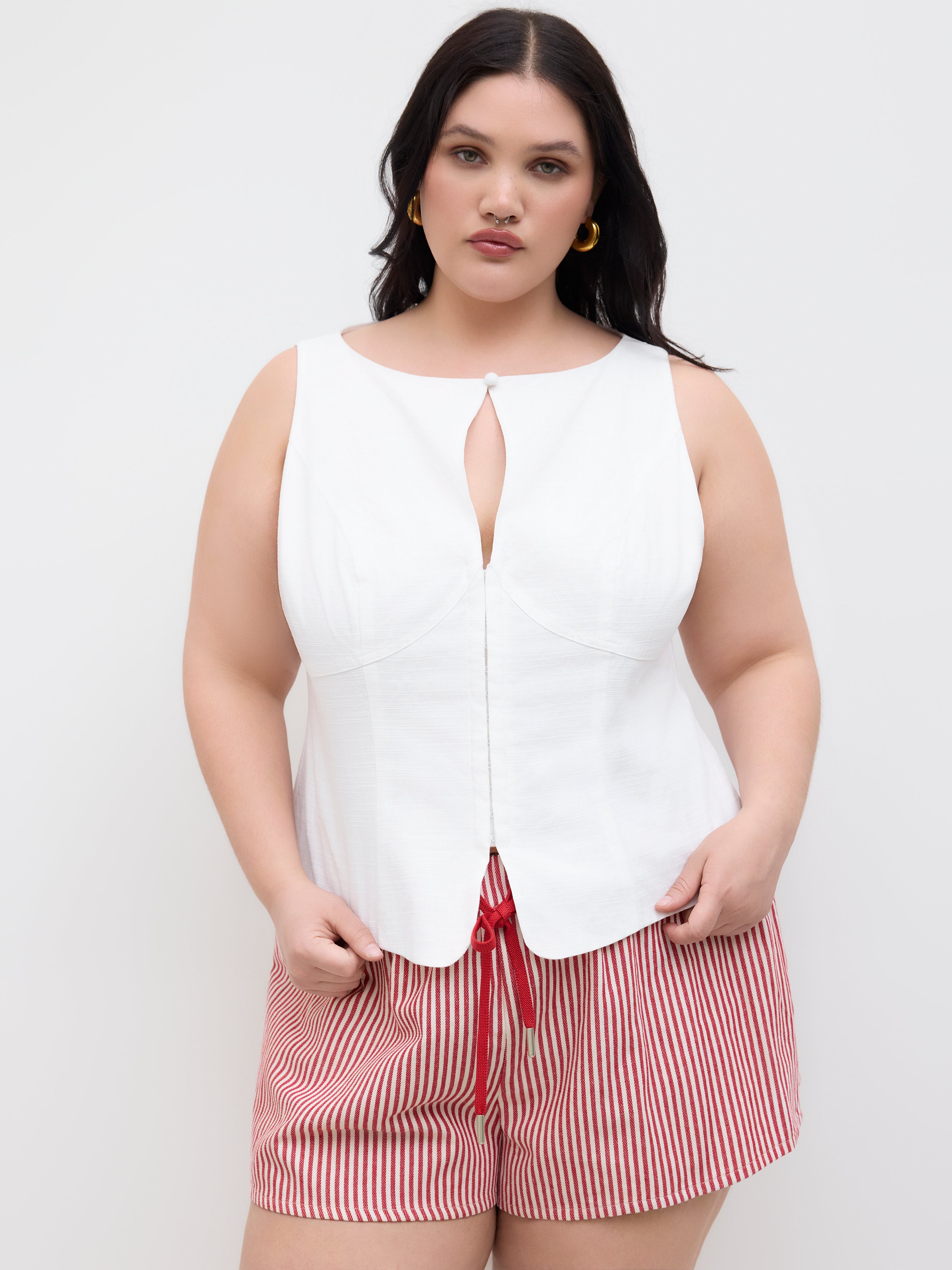 Woven Linen-blend Boat Neck Cut Out Tank Top Curve & Plus For