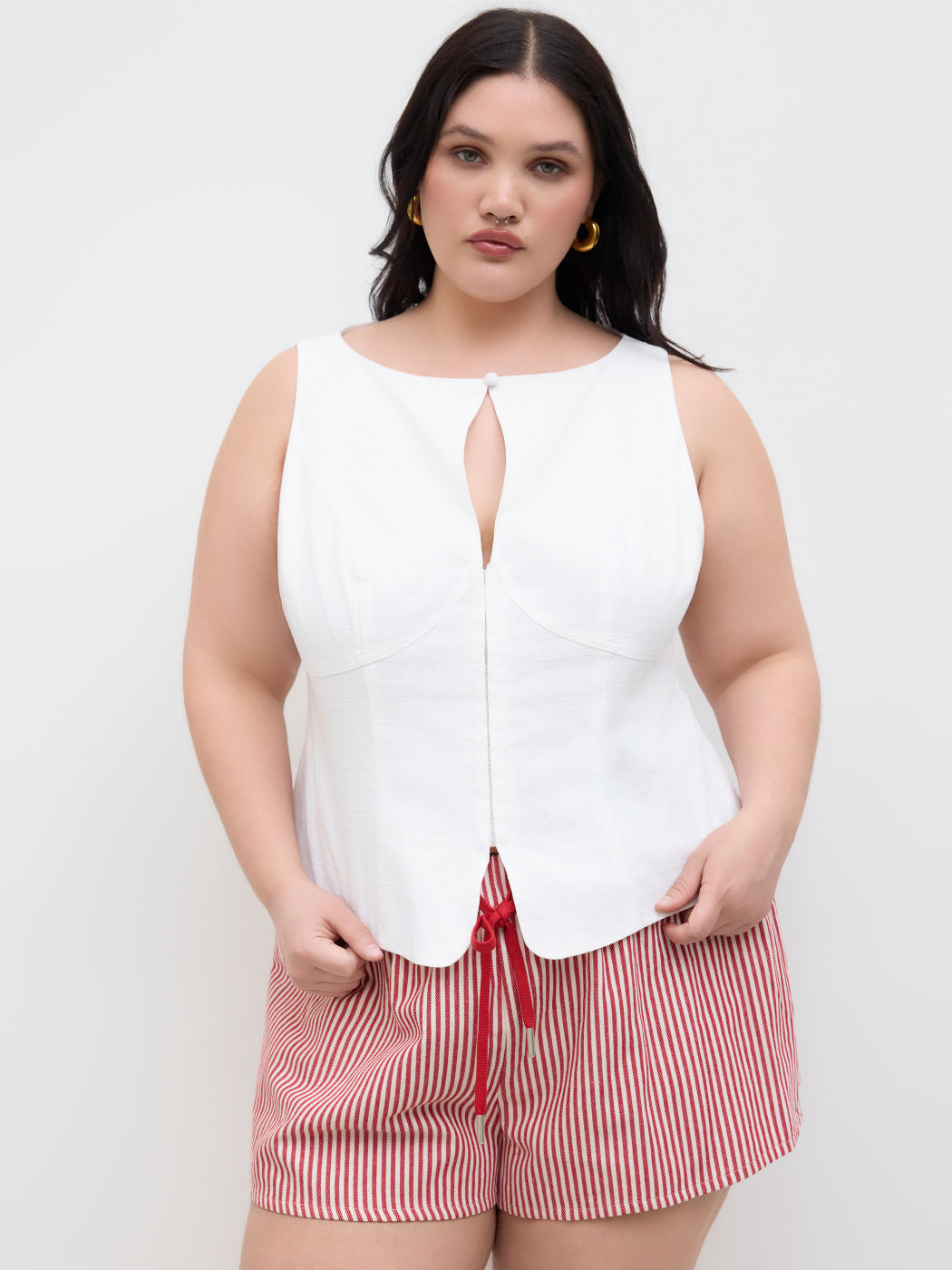 Linen-blend Boat Neck Cut Out Tank Top Curve & Plus