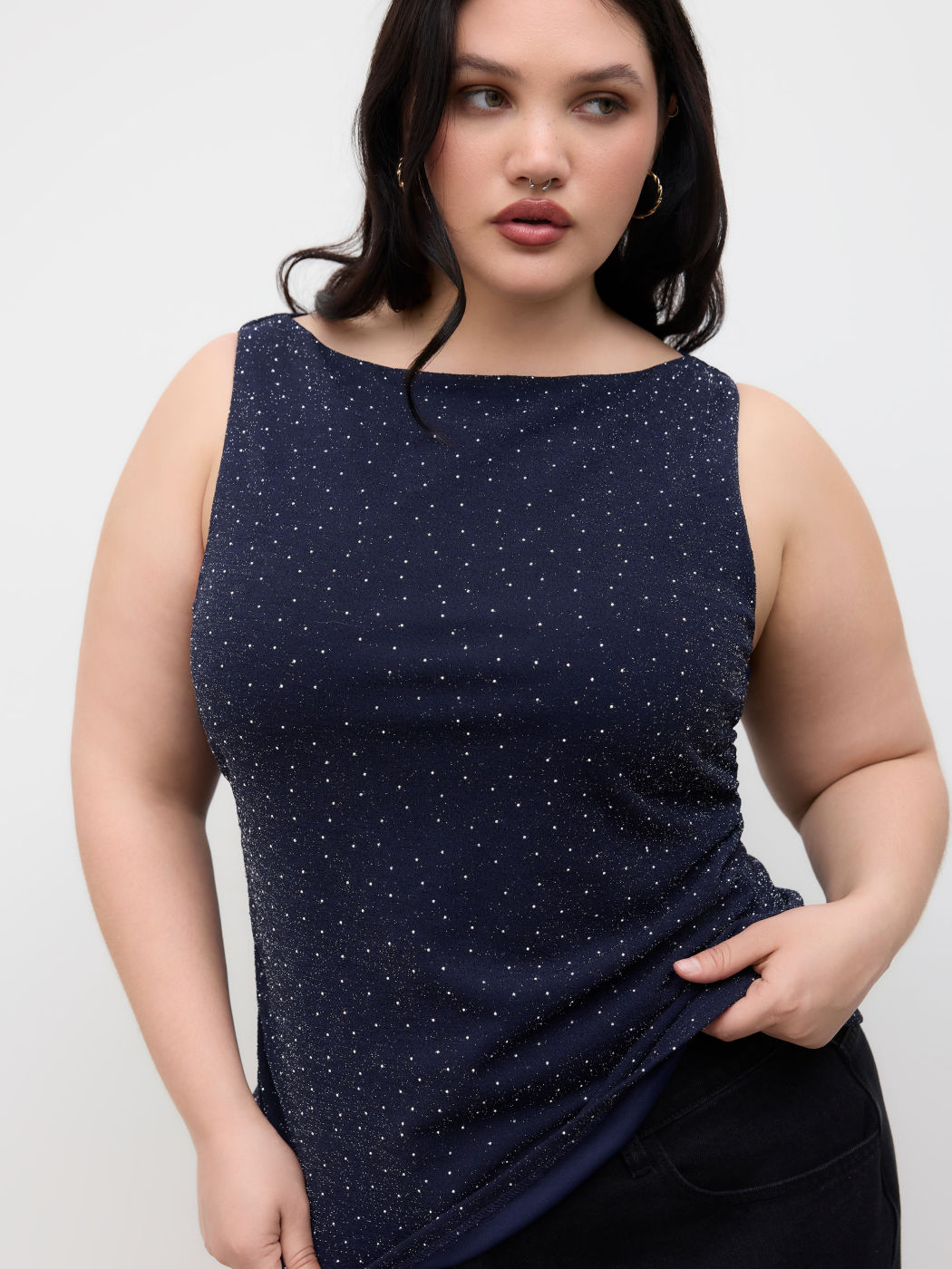 Boat Neck Rhinestone Knotted Tank Top Curve & Plus