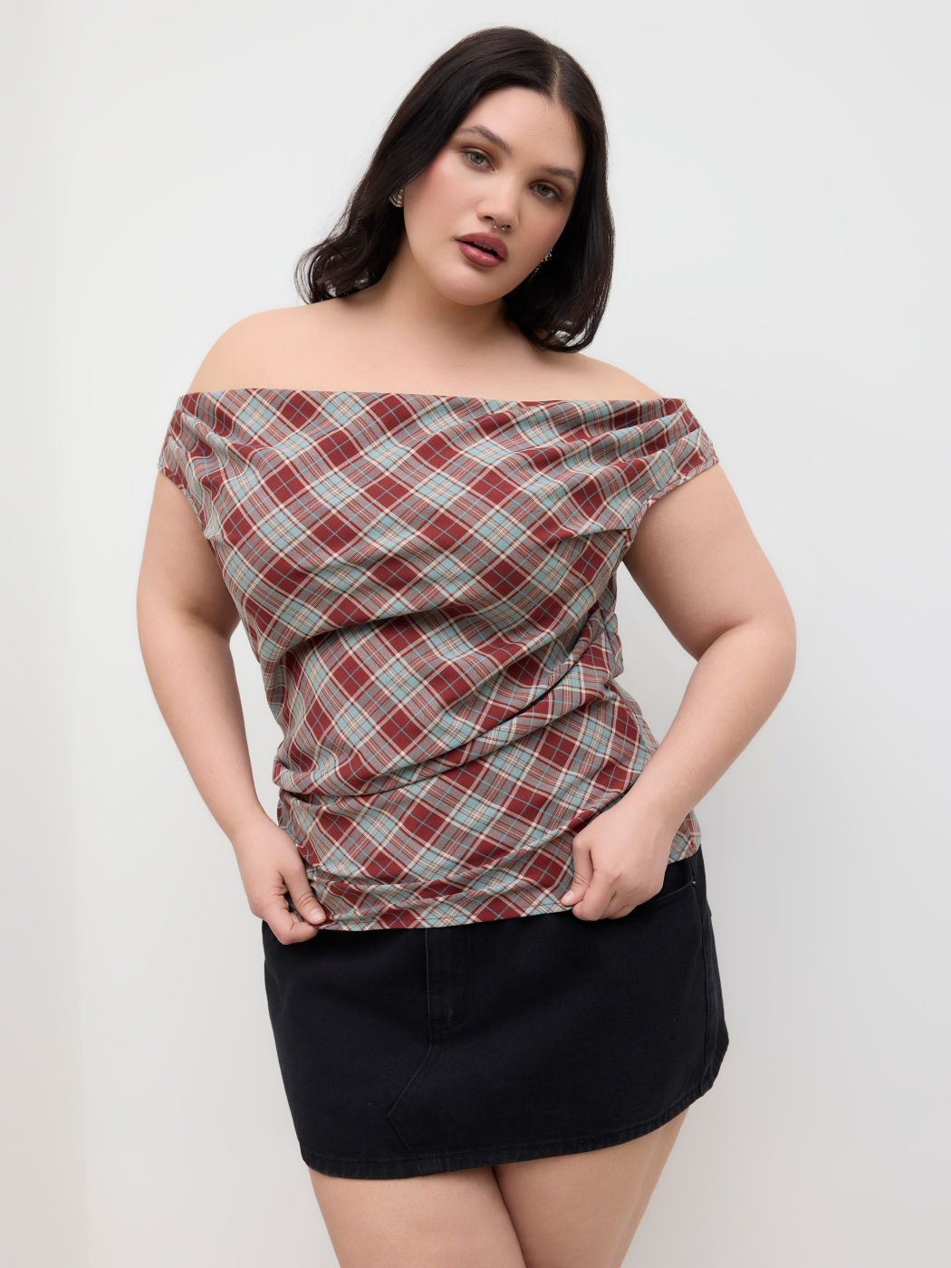 Off-shoulder Tartan Verzierter Oberteil Kurve & Plus