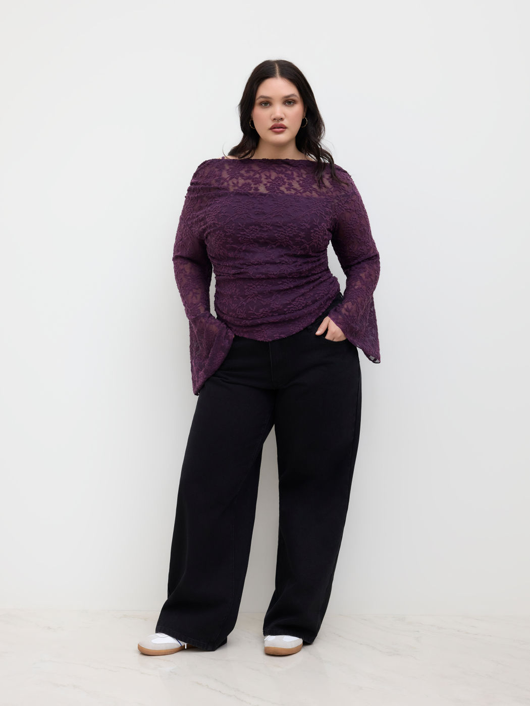 Lace Asymmetrical Neck Floral Ruched Top Curve & Plus