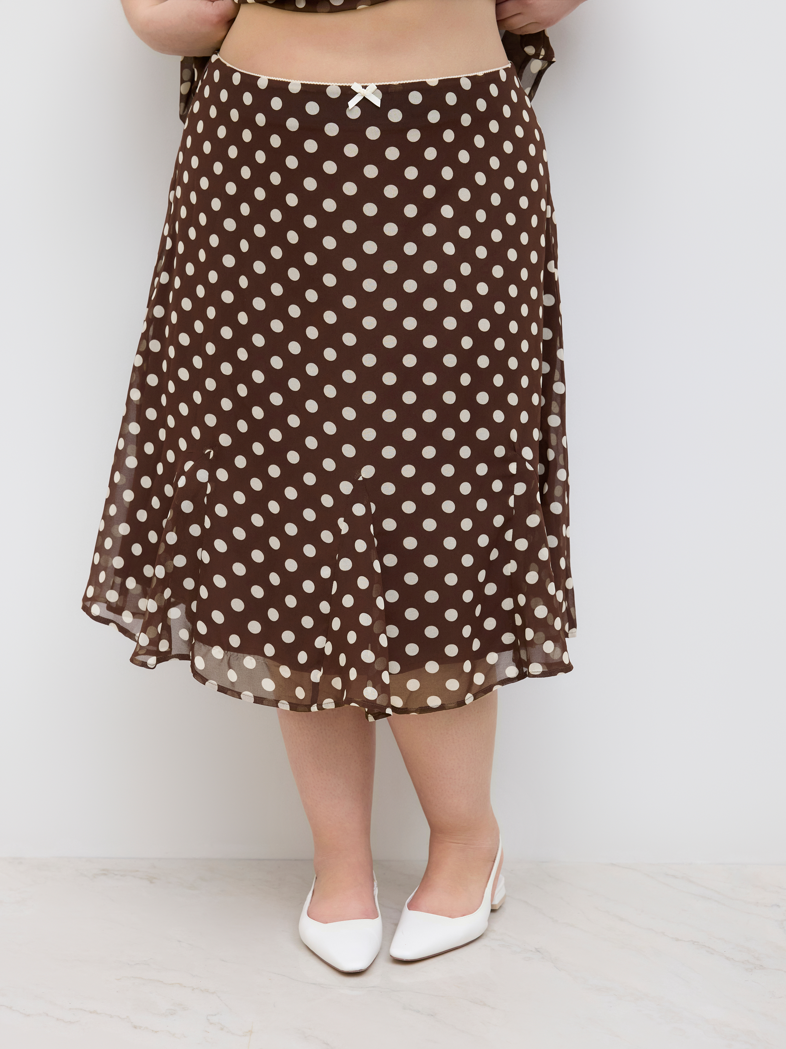 Chiffon Mid Rise Polka Dot Bowknot Mermaid Midi Skirt Curve & Plus