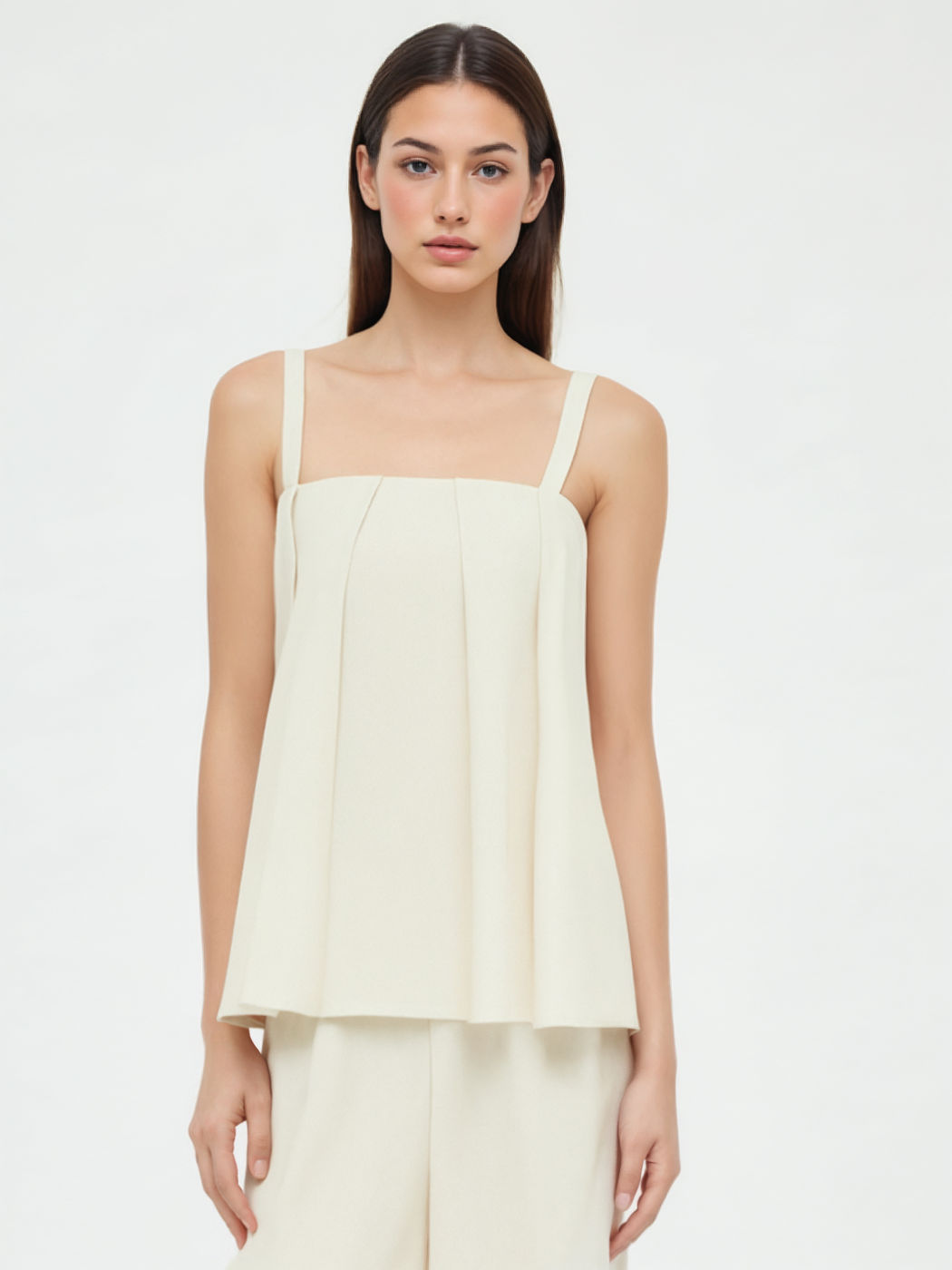 Linen-blend Pleated Cami Top & Mid Rise Elastic Waist Straight Leg Trousers Set