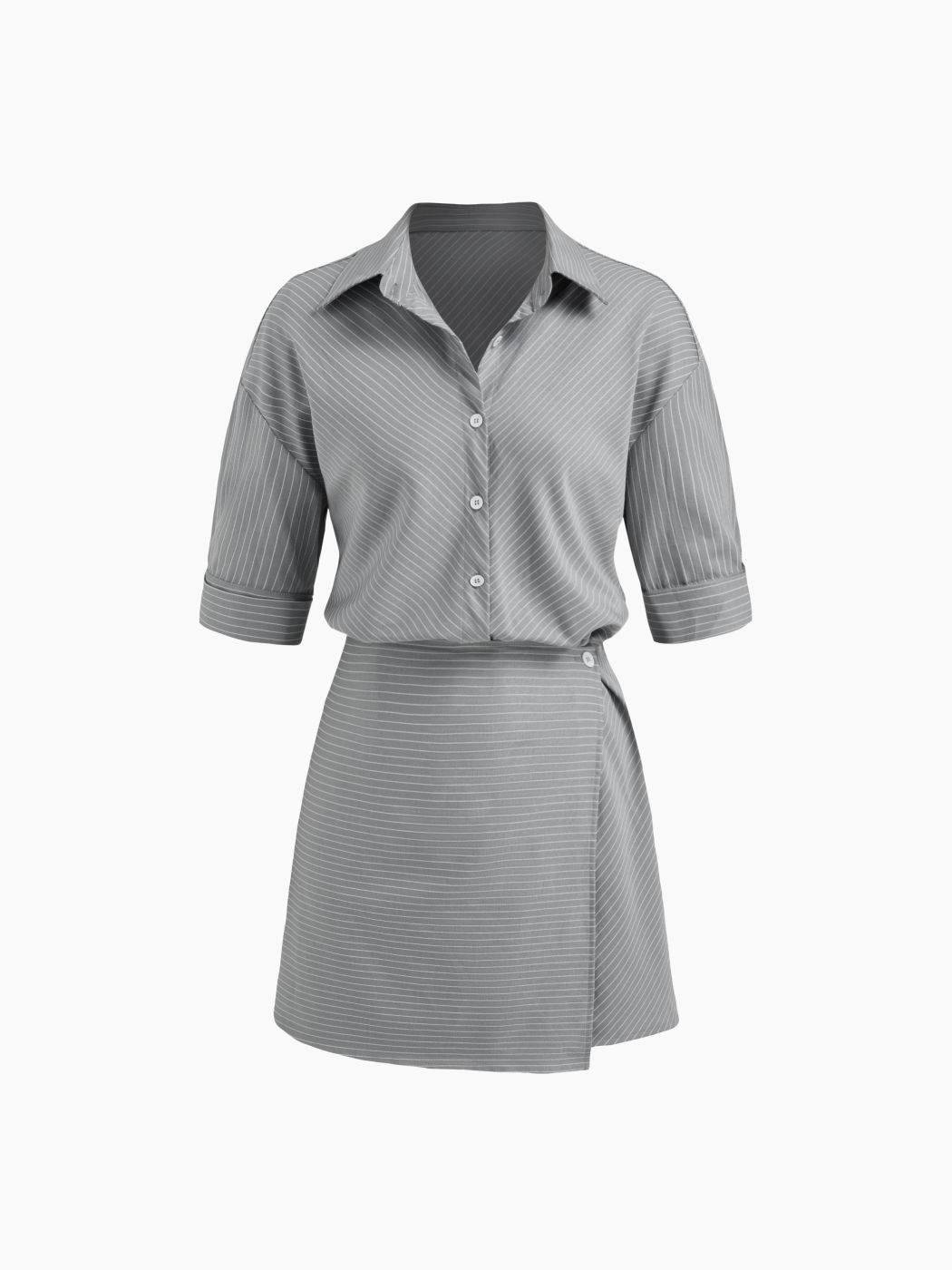 Cotton-blend Collar Stripe Wrap Mid-length Sleeve Mini Shirt Dress
