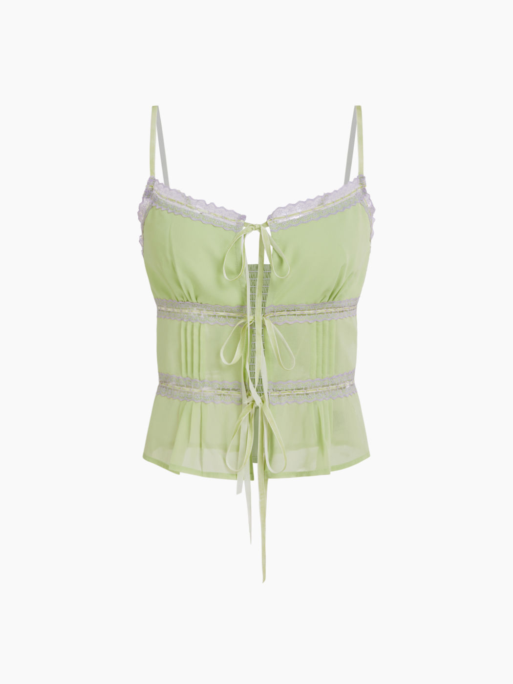 Chiffon V-neck Tie Front Bow Lace Trim Shirred Cami Top