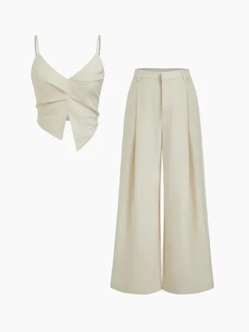 V-neck Twist Split Crop Cami Top & Mid Rise Wide Leg Trousers