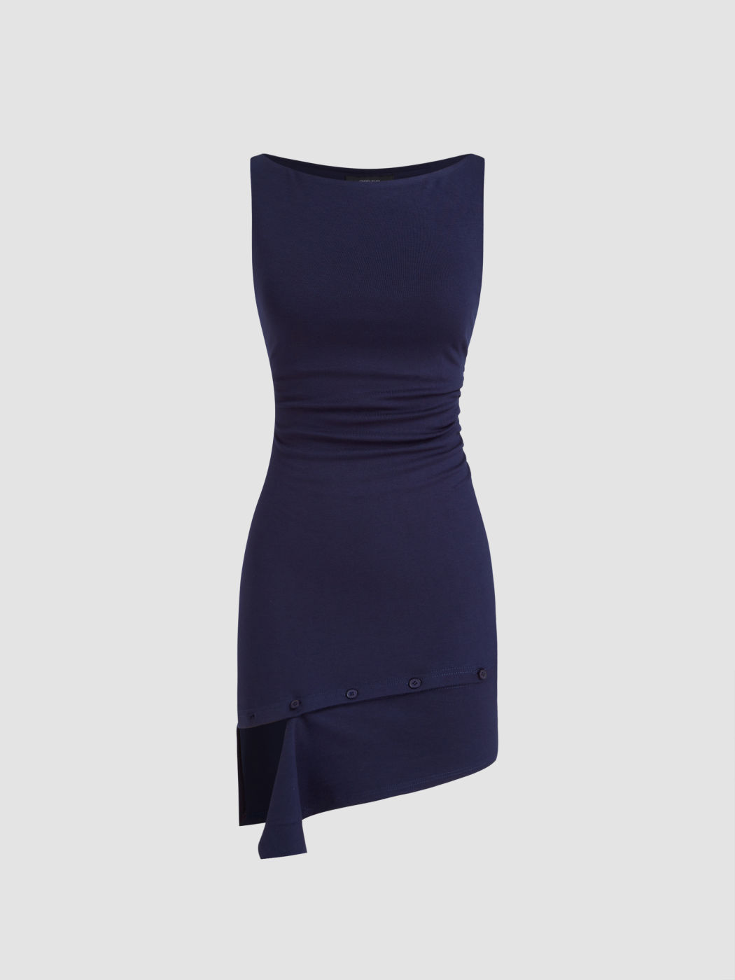 Boat Neck Button Ruched Mini Dress