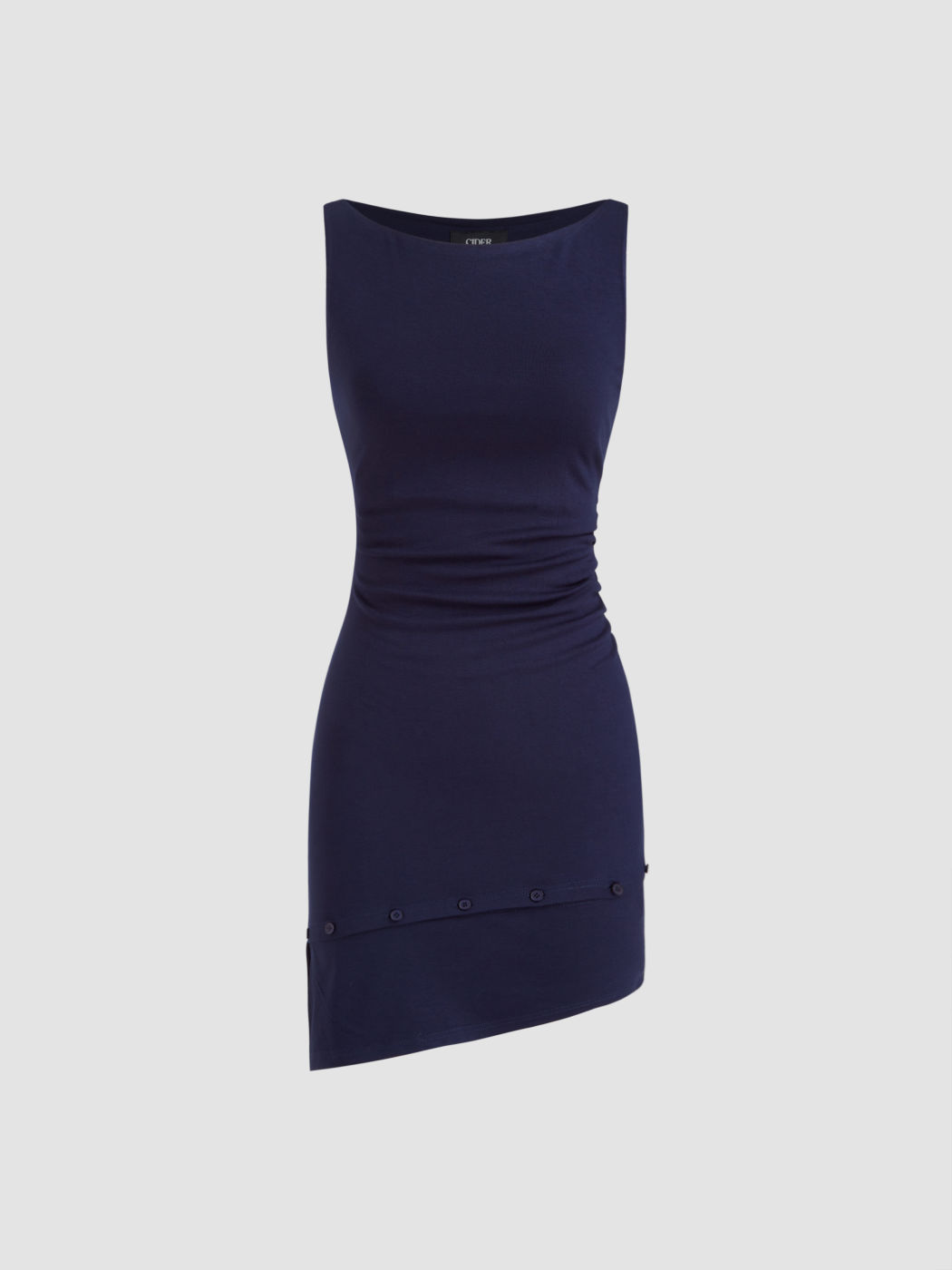 Boat Neck Button Ruched Mini Dress