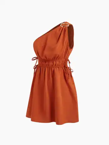 Asymmetrischer Hals, Riegelverschluss, elastisches Taille, geknotetes Minikleid