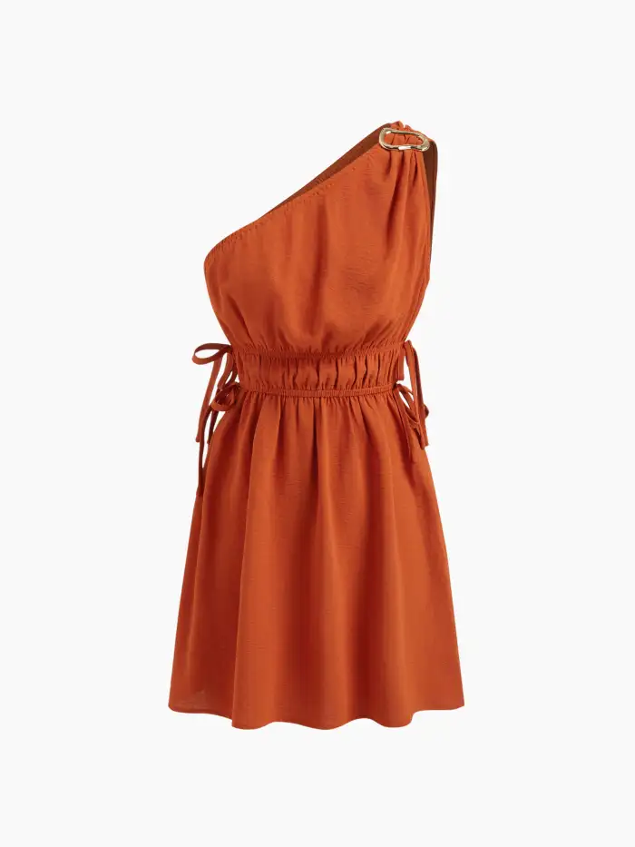 asymmetrical neck knotted mini dress Woven Buckle Elastic Waist For Daily Casual Color:Burgundy Gold