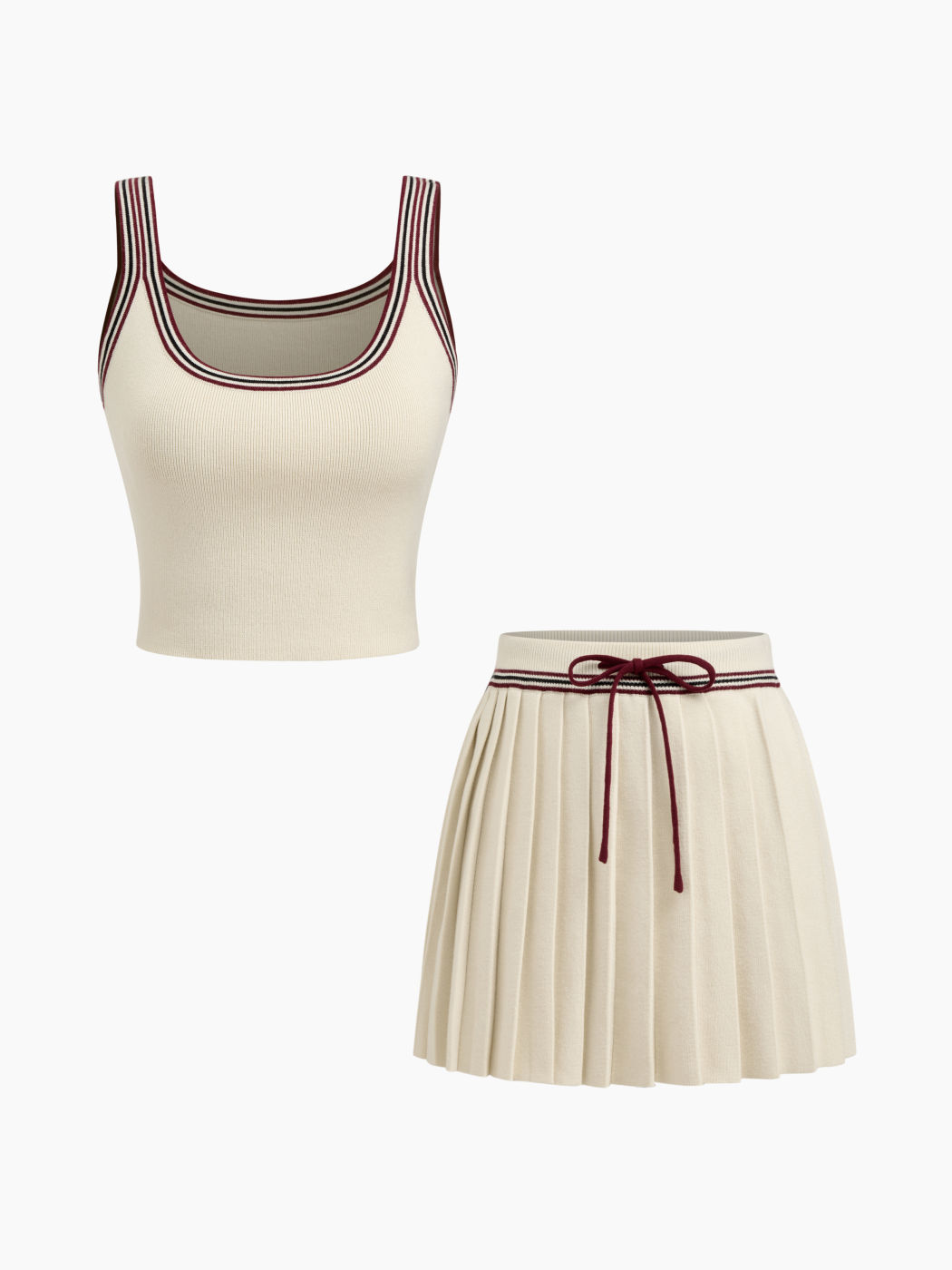 Knit U-neckline Stripe Tank Top & Mid Rise Pleated Mini Skirt Set