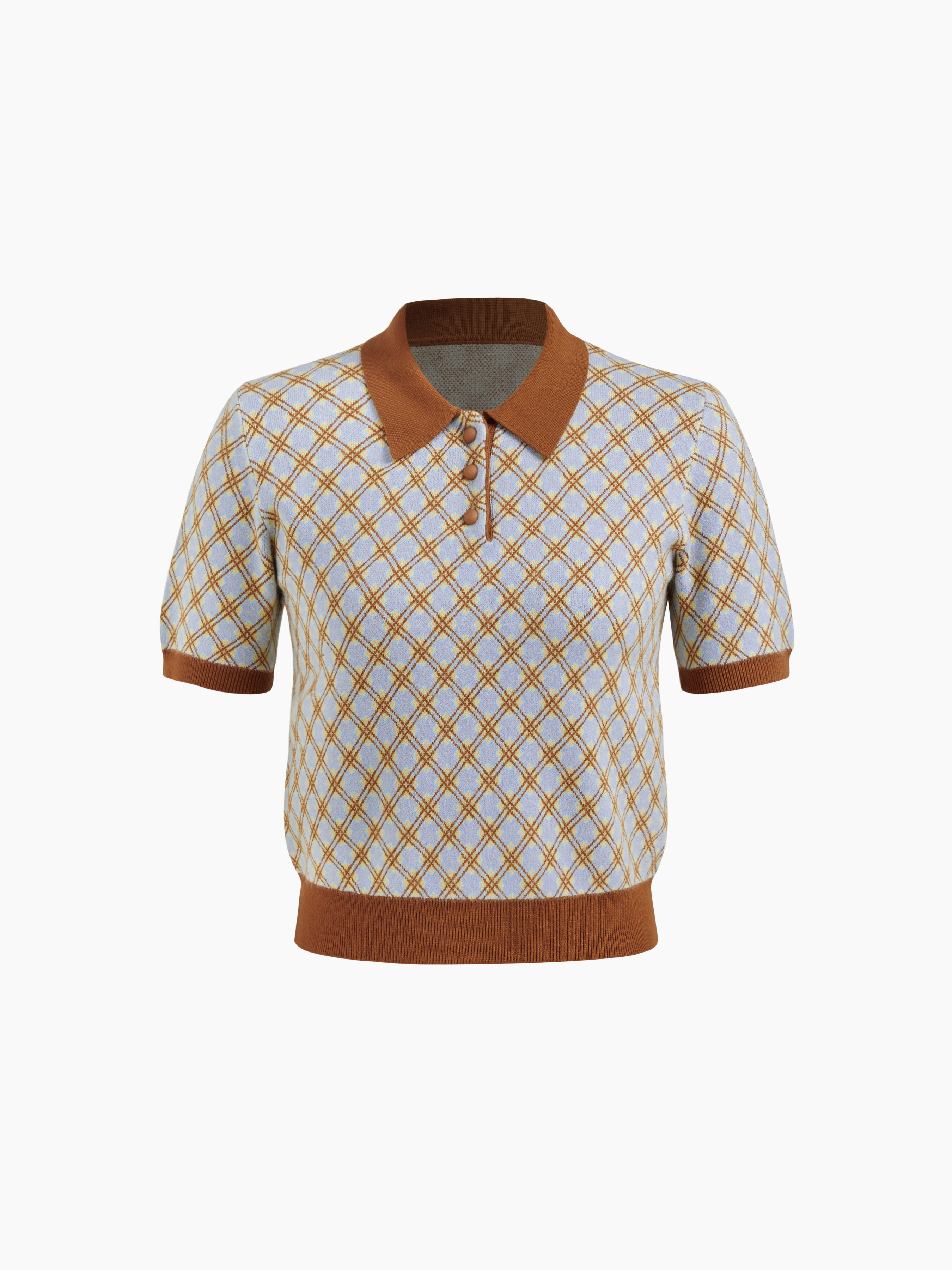 Knit Fabric Knit Polo Check Short Sleeve Top For Vacation