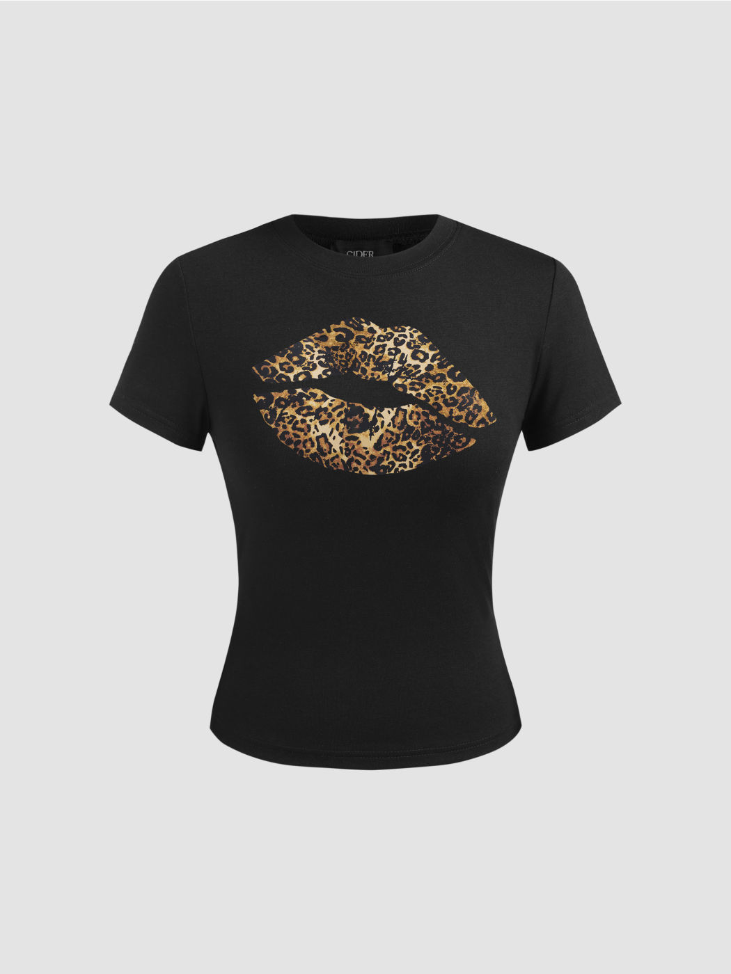 Round Neckline Leopard Lip Graphic Short Sleeve Tee