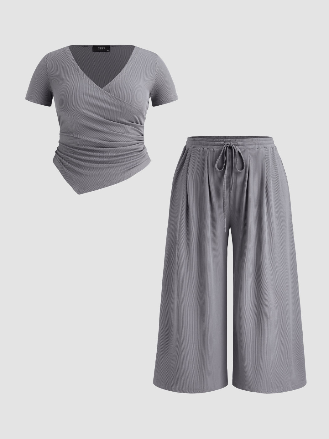 V-neck Ruched Top & Drawstring Wide Leg Trousers Set Curve & Plus