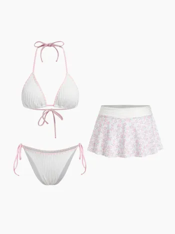 Rippiges Halter-Bikini-Set mit kontrastierendem Binding und Blumenmuster Cover-Up-Skirt