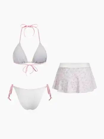 Rippiges Halter-Bikini-Set mit kontrastierendem Binding und Blumenmuster Cover-Up-Skirt